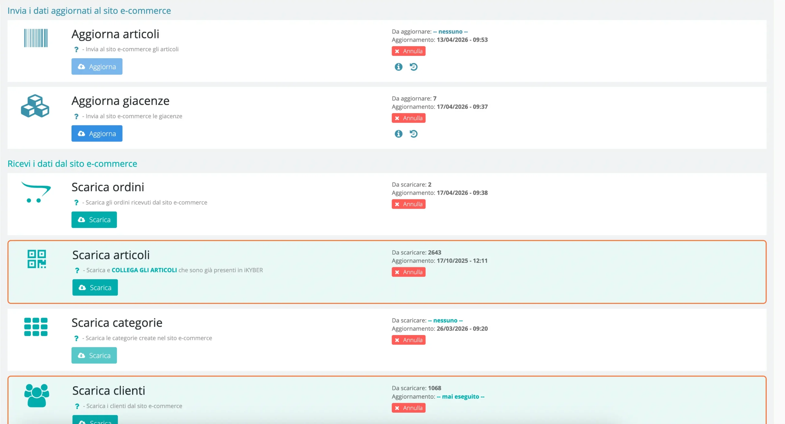Integrazione e-commerce iKYBER: sincronizzazione articoli, giacenze e ordini con lo shop online