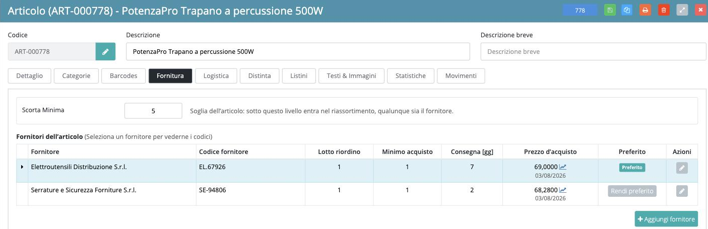 Scheda fornitori di un articolo in iKYBER, con codice, prezzo e giorni di consegna di due grossisti diversi