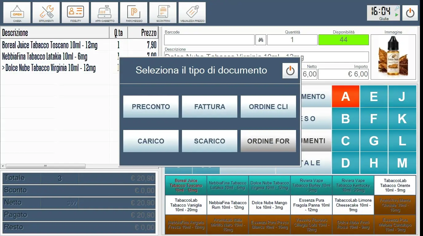 Cassa iKYBER in un negozio di sigarette elettroniche, con la gestione dei diversi tipi di documenti di vendita