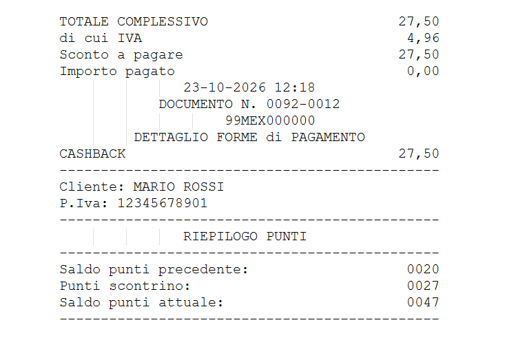 Scontrino iKYBER pagato con il cashback, con il riepilogo dei punti: saldo precedente, punti dello scontrino e saldo attuale