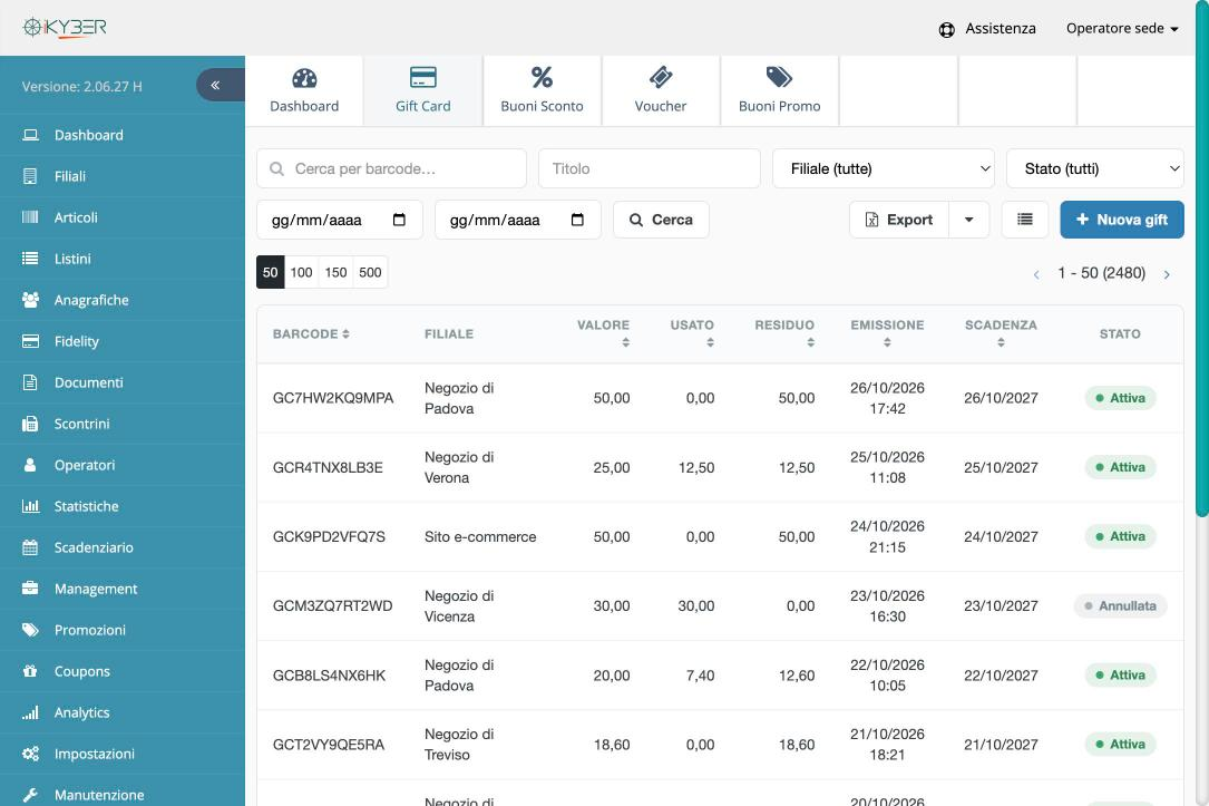 Elenco delle gift card in iKYBER Portal con negozio di emissione, valore, importo utilizzato, residuo, scadenza e stato
