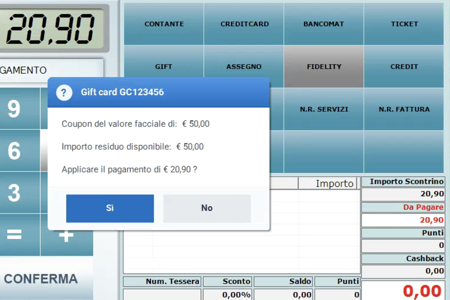 Pagamento con gift card alla cassa iKYBER: la finestra mostra il valore della gift card, il residuo disponibile e chiede se applicare il pagamento di 20,90 euro